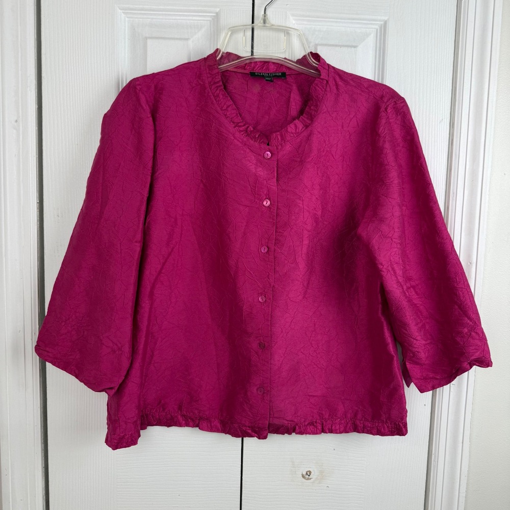 EILEEN FISHER Petite Silk Textured Pink Ruffle Neck Button Front Blouse Top PS